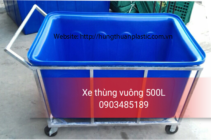 Xe đẩy thùng nhựa chữ nhật 500 lít (KT:1310 x 950 x 660 mm)